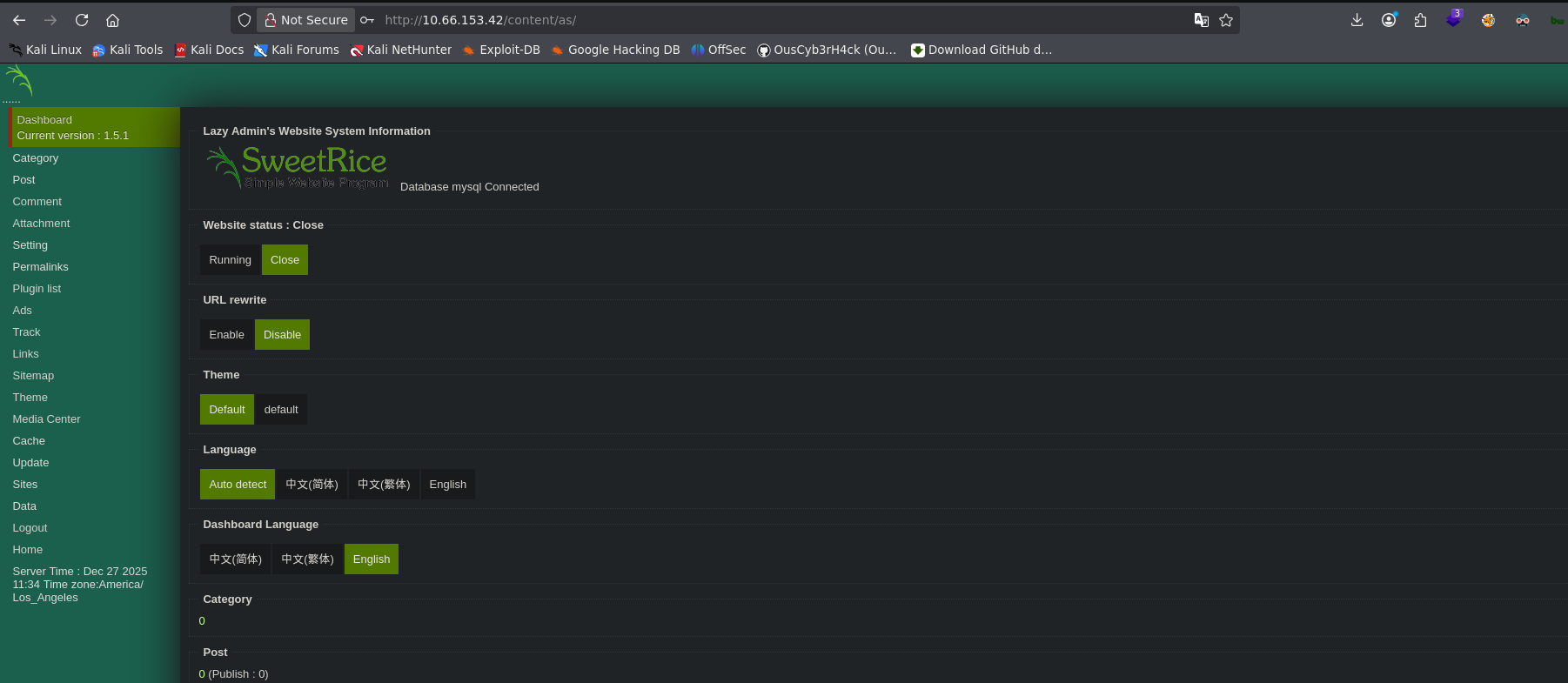 Dashboard de SweetRice CMS - acceso como administrador
