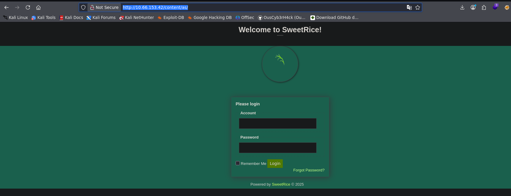 Panel de login de SweetRice CMS
